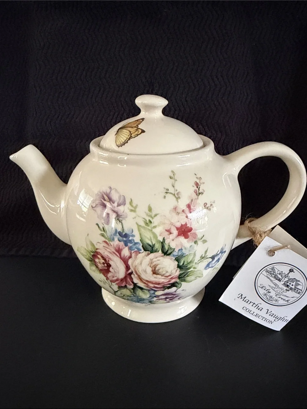 Lily Creek, Martha Vaughn, Cream Floral Vintage Teapot with Butterfly Accent